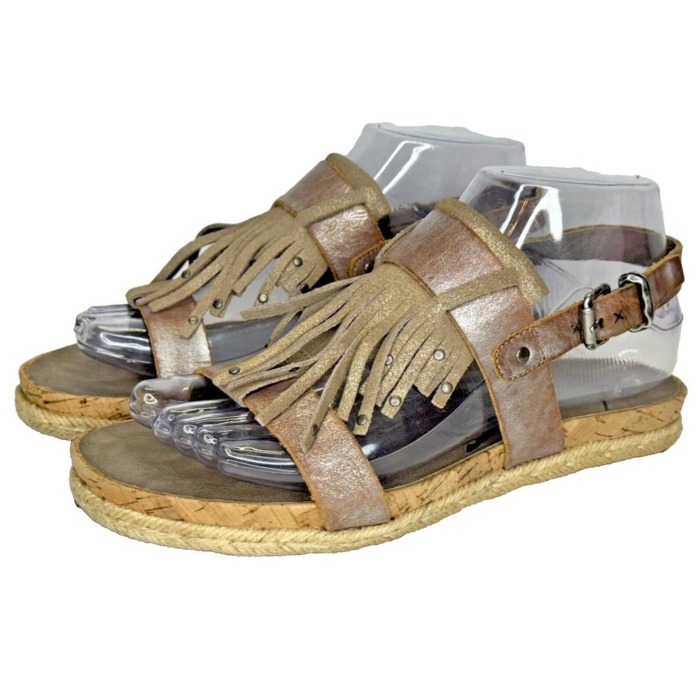 OTBT Tourist Gold Shimmer Leather Fringe Tassel Slingback Sandal Shoe Womens 6.5